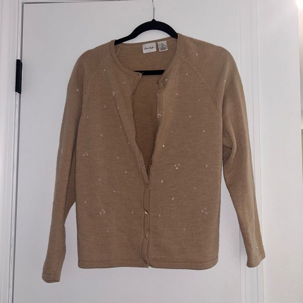 Le Moda 100% Extra Fine Marino Wool Cardigan Sweater with Buttons and Embroidere